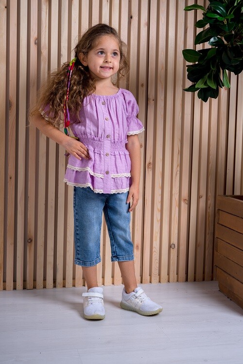 2-Piece Girl Set with Gimped Elastic Capri Jean 3-6Y Büşra Bebe 1016-211122 - 3