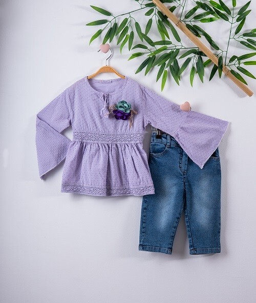 2-Piece Girl Set with Pompom Voile and Capri 3-6Y Büşra Bebe 1016-211124 - 2