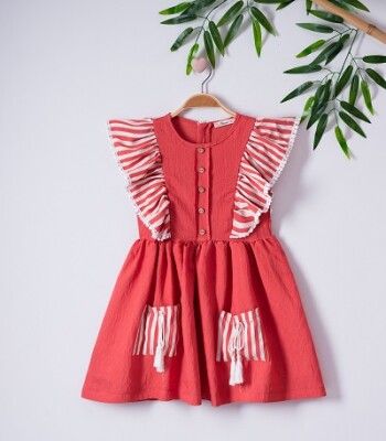 Girl Dress with Airobin 7-10Y Büşra Bebe 1016-221061 Tile Red 