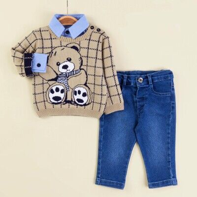 Wholesale Baby Boys 3-Piece Sweater Shirt and Denim Pants Set 6-18M Babymuz 2009-5150 - Babymuz (1)