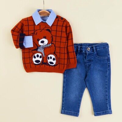 Wholesale Baby Boys 3-Piece Sweater Shirt and Denim Pants Set 6-18M Babymuz 2009-5150 Черепичный цвет