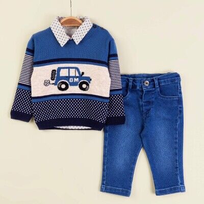 Wholesale Baby Boys 3-Piece Sweater Shirt and Denim Pants Set 9-24M Babymuz 2009-5154 Индиговый 