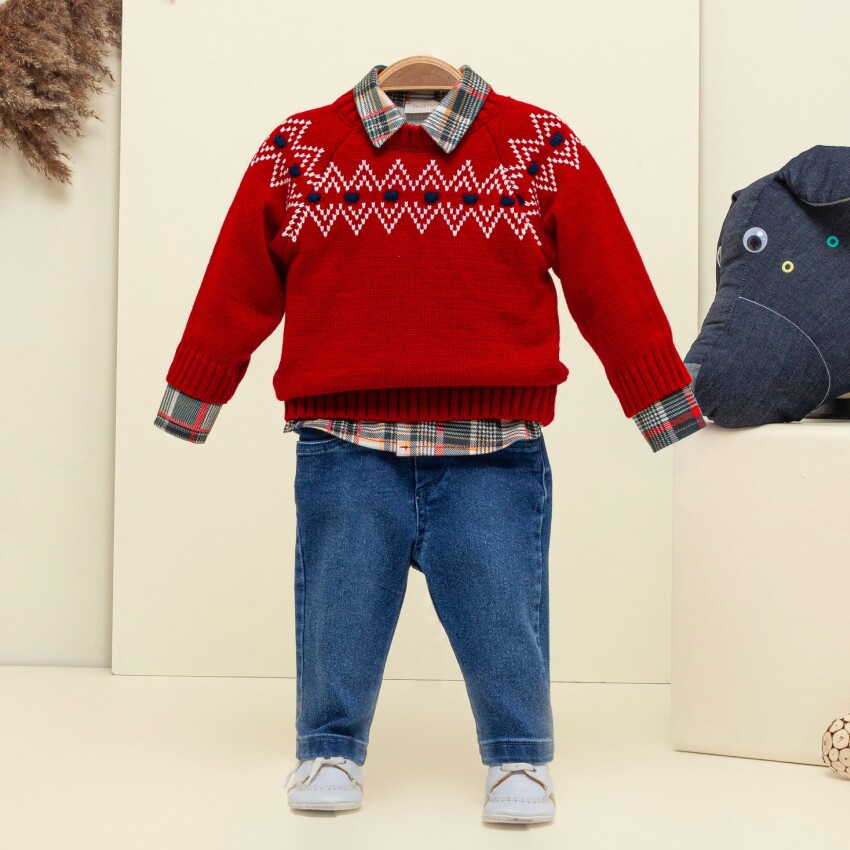 Wholesale Baby Boys 3-Piece Sweater Shirt and Denim Pants Set 9-24M Babymuz 2009-5157 - 2