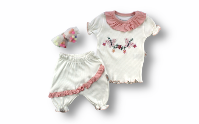 Wholesale Baby Girls 3-Piece T-shirt Set With Shorts And HeadBand 6-18M Tomuycuk 1074-75510 Пудра