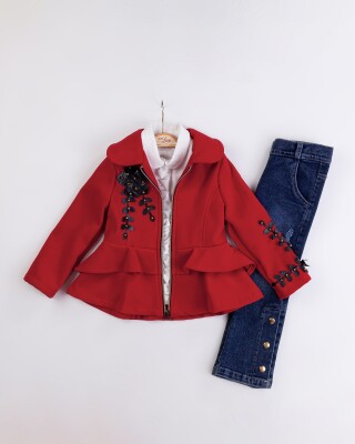 Wholesale Girl's 3-Piece Cashmere Jacket Jeans Pants and Shirt Set 2-6Y Miss Lore 1055-5714 Красный