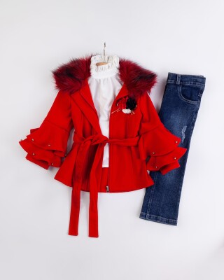 Wholesale Girl's 3-Piece Cashmere Jacket Jeans Pants Shirt Set 2-6Y Miss Lore 1055-5710 Красный