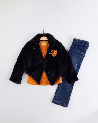 Wholesale Girl's 3-Piece Fur Jacket Lace Blouse Jeans Pants Set with Bag 2-6Y Miss Lore 1055-5716 Жёлтый 