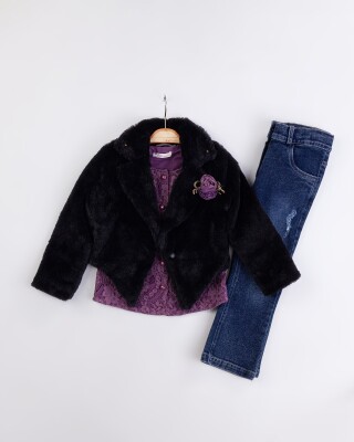 Wholesale Girl's 3-Piece Fur Jacket Lace Blouse Jeans Pants Set with Bag 2-6Y Miss Lore 1055-5716 - Miss Lore (1)