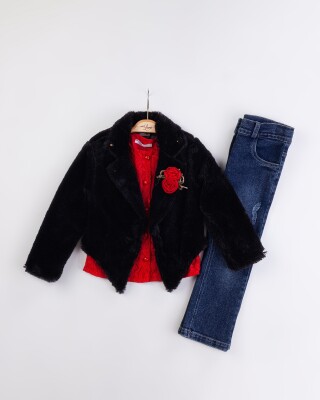 Wholesale Girl's 3-Piece Fur Jacket Lace Blouse Jeans Pants Set with Bag 2-6Y Miss Lore 1055-5716 Красный