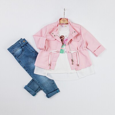 Wholesale Girls 3-Piece Jacket, Badi and Denim Pants Set 2-6Y Miss Lore 1055-5517 Розовый 