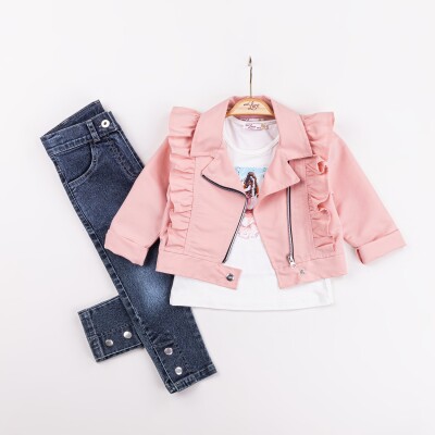 Wholesale Girls 3-Pieces Jacket, T-shirt and Denim Pants Set 2-6Y Miss Lore 1055-5604 Розовый 