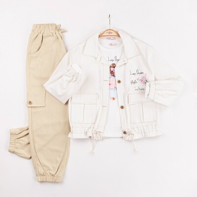 Wholesale Girls 3-Pieces Jacket, T-shirt and Pants Set Takım 6-10Y Miss Lore 1055-5628 Бежевый 