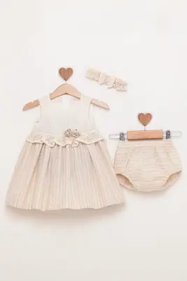 Toptan Bebek Elbisesi Kilot ve Saç Bandı 6-18M BabyRose 1002-4809 Bej