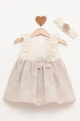 Toptan Kız Bebek Elbise ve Saç Bandı 6-12M BabyRose 1002-4817 Bej