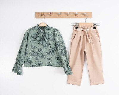 Wholesale 2-Piece Girls Flower Patterned Blouse and Pants Set 8-12Y Moda Mira 1080-7117 Khaki