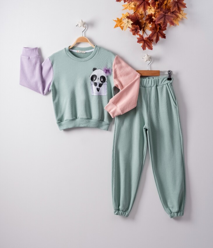 Wholesale 2-Piece Girls Tracksuit Set with Panda 7-10Y Büşra Bebe 1016-22219 - 1