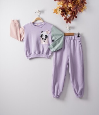 Wholesale 2-Piece Girls Tracksuit Set with Panda 7-10Y Büşra Bebe 1016-22219 Lilac