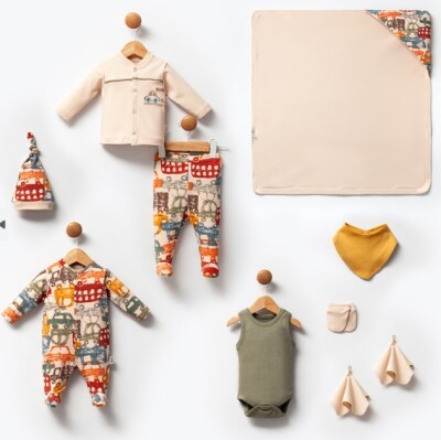 Wholesale Baby Boy 10pcs Car Printed Newborn Set 0-1M Flexi Baby 2063-235108 Khaki