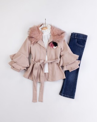 Wholesale Girl's 3-Piece Cashmere Jacket Jeans Pants Shirt Set 2-6Y Miss Lore 1055-5710 Beige