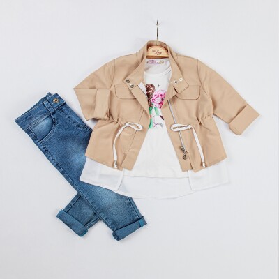 Wholesale Girls 3-Piece Jacket, Badi and Denim Pants Set 2-6Y Miss Lore 1055-5517 Beige