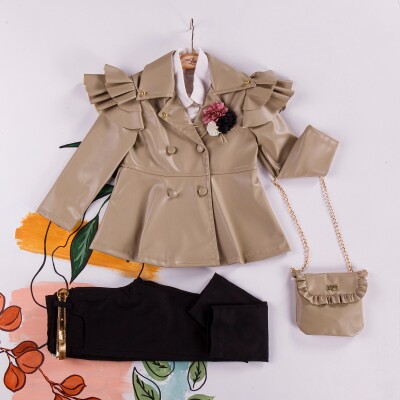 Wholesale Girls 3-Pieces Bag Jacket, Shirt and Pants Set 2-6Y Miss Lore 1055-5200 Beige