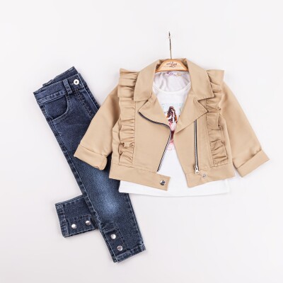 Wholesale Girls 3-Pieces Jacket, T-shirt and Denim Pants Set 2-6Y Miss Lore 1055-5604 Beige