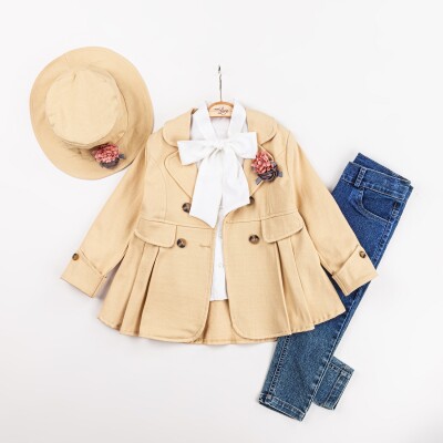 Wholesale Girls 3-Pieces Jacket, T-shirt and Denim Pants Set 2-6Y Miss Lore 1055-5607 Beige