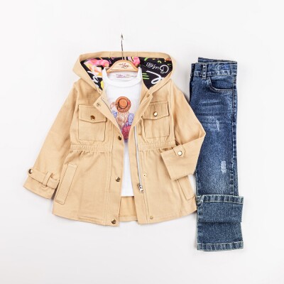 Wholesale Girls 3-Pieces Jacket, T-shirt and Pants Set 2-6Y Miss Lore 1055-5602 Beige