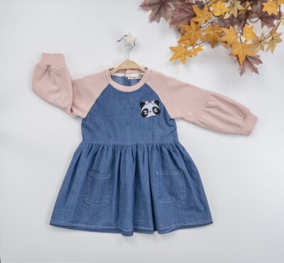 Wholesale Girls Denim Dress with Panda 3-6Y Busra Bebe 1016-22230 Blanced Almond